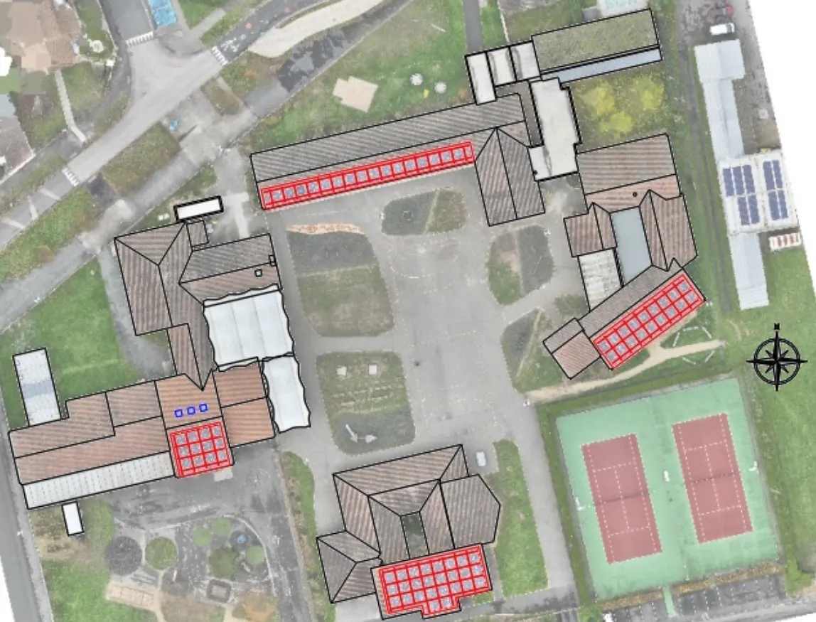 Plan aérien d'un complexe avec bâtiments